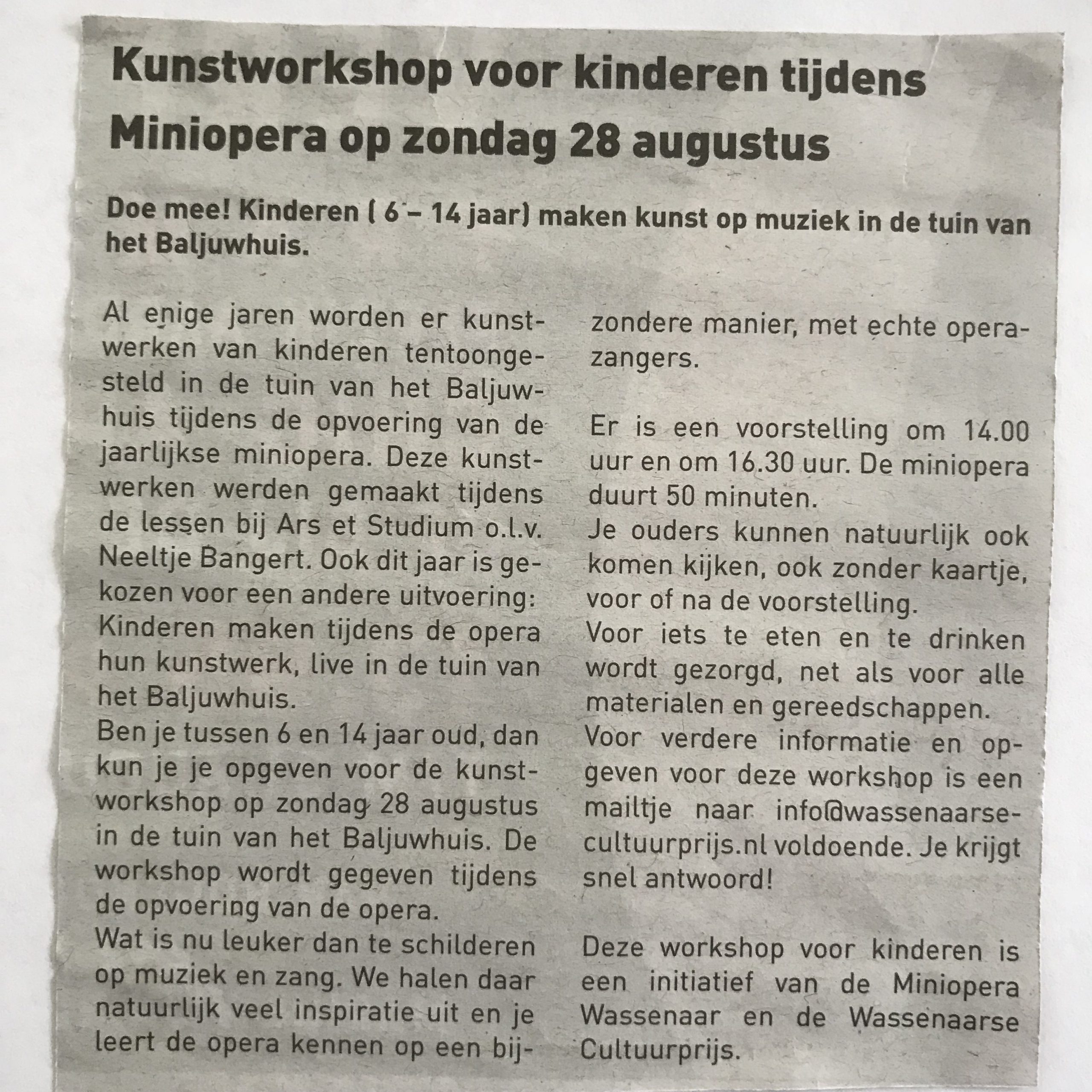 Kunstworkshop voor kinderen tijdens Miniopera op zondag 28 augustus